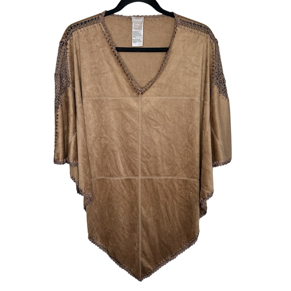 Chicos Boho Y2k Faux Suede Poncho L / XL Western Indie Sheer Crochet Embroidered